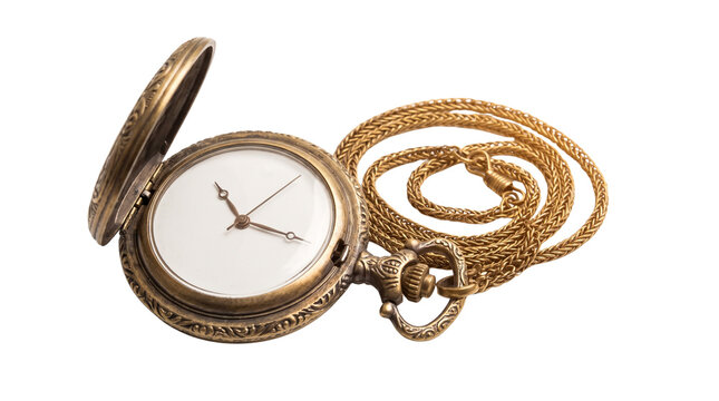 Vintage gold pocket watch with chain, antique brass timepiece isolated on white, classic open face watch for history and time management