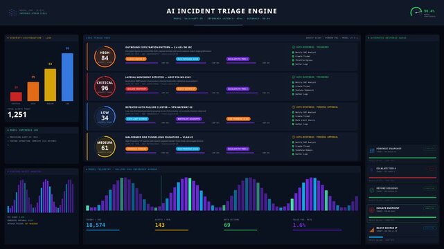 Futuristic AI Incident Triage Dashboard featuring priority severity levels and automated response recommendations in a sleek dark mode design with glowing neural connections.