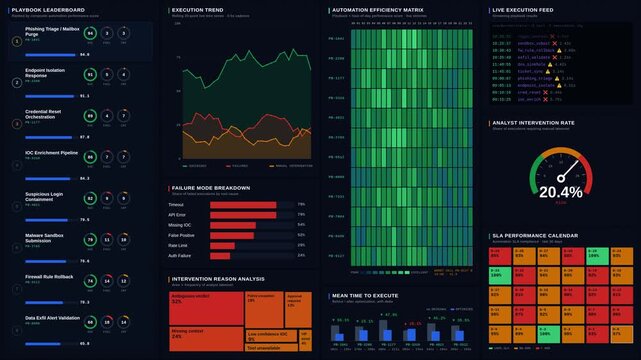 A comprehensive 4K Security Playbook Performance Dashboard showcasing automation success, failures, and analyst interventions in a clean, dark mode interface with vibrant color highlights.