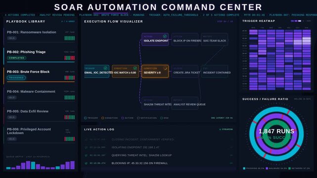 Explore the intricate SOAR Automation Dashboard, showcasing Security Playbooks with animated triggers, actions, and execution statuses in a sleek dark-mode interface.