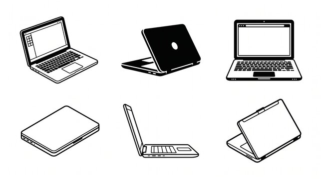 Black and white laptop computer icon collection featuring various open and closed laptop designs, minimalist outlines, bold silhouettes, clean vector illustrations, isolated on white background.