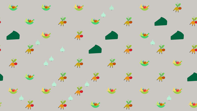 Seamless pattern of fruits, vegetables, and green shapes