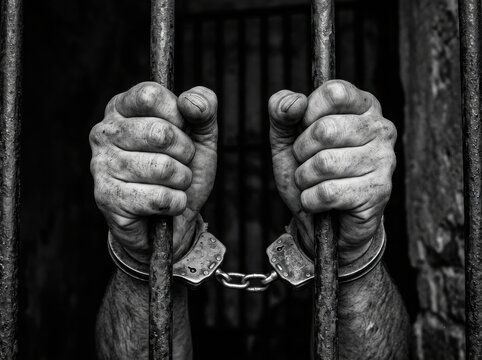 hands in handcuffs behind bars , Election Law Justice And Democracy Concept.