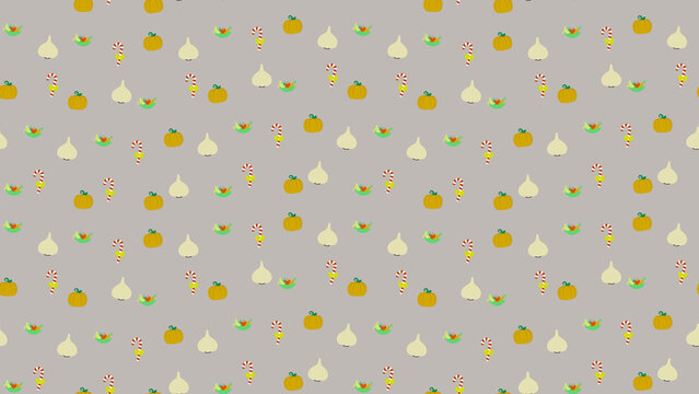 Seamless pattern of pumpkins, garlic, candy canes, and fruit bowls