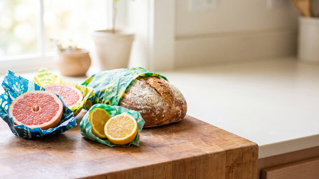 Reusable Beeswax Food Wraps with Fresh Citrus Fruit on Board wit
