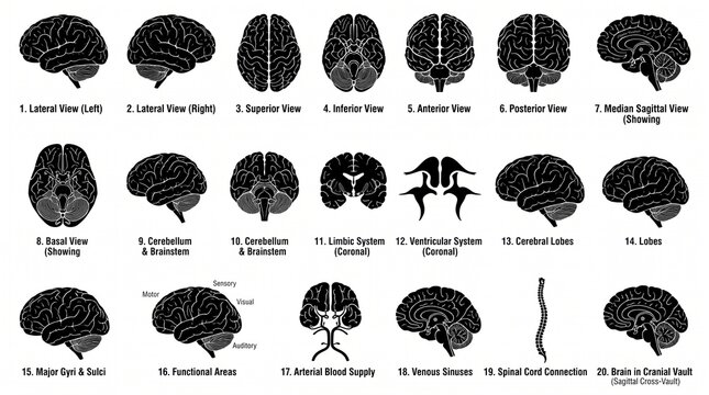 Black brain anatomy icon collection showing different views, cerebral hemispheres, detailed folds and contours, bold medical silhouettes, clean vector illustrations, isolated on white background.