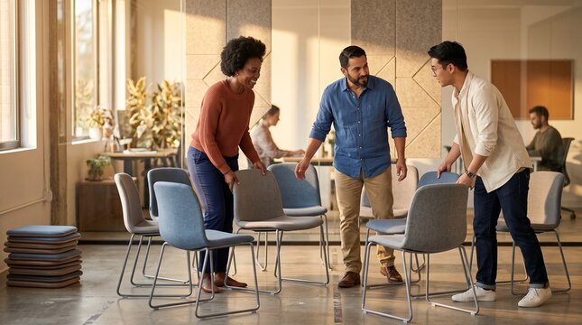 Colleagues reshape seating for a reskilling session