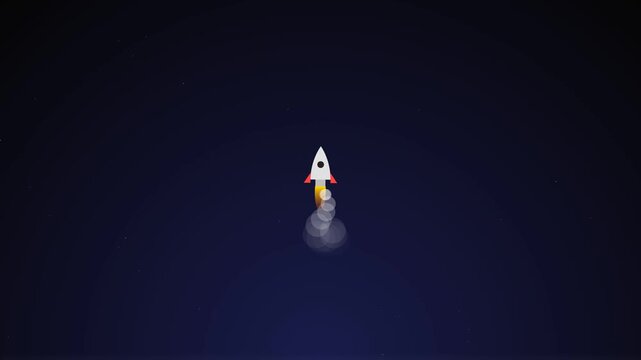 Minimalist rocket launching into deep dark starry space illustration