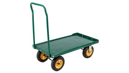 Small green manual metal hand trolley cart warehouse logistics equipment isolated on transparent background © Ward
