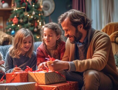 Familia abriendo regalos en Navidad
