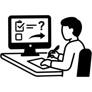 Student Taking Online Test Exam on Computer Screen at Desk Flat Line Art Icon Graphic Design