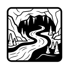 Fototapeta premium River Flowing Through Mountain Cave Stalactites Landscape Woodcut Style Flat Line Art Icon Graphic Design