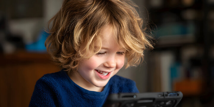 Joyful young child with light brown hair and a bright smile is focused on a digital screen, displaying genuine happiness and contentment while engaged in an activity.