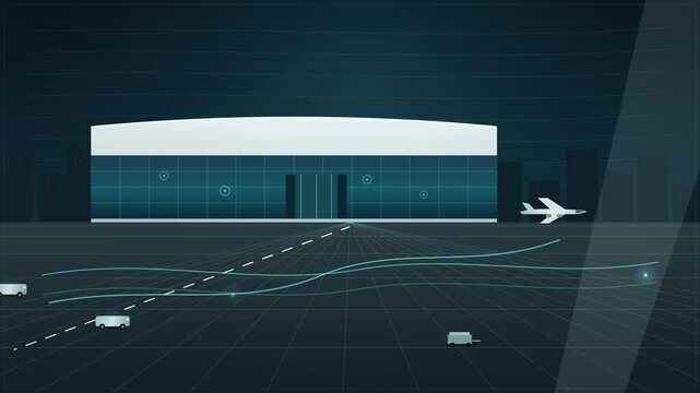 Airplane moving across an airport terminal building at night