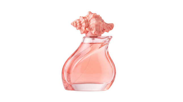 Elegant Pink Perfume Bottle with Seashell Cap, Luxurious Glass Fragrance Container, Feminine Beauty Cosmetic Packaging isolated PNG with Transparent Background