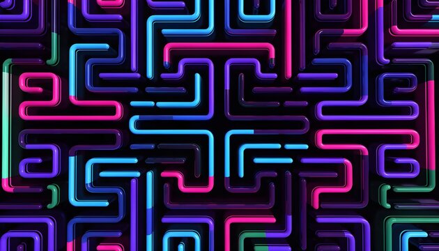 Neon colored pipes forming an intricate geometric maze pattern
