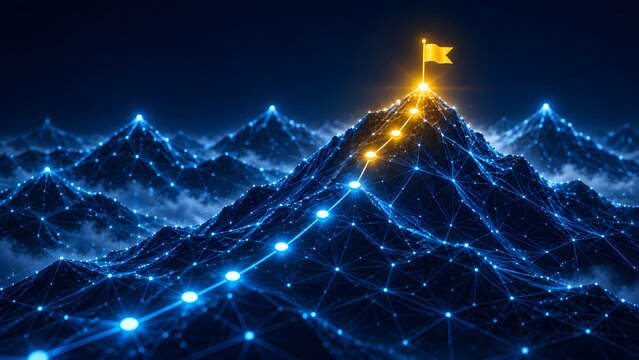 Conceptual digital representation of a mountain peak with a glowing golden flag at the summit, showing a strategic path of connected data points and blue mesh network for business success.