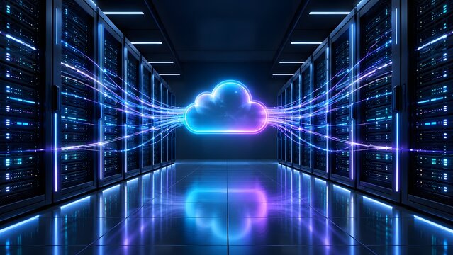 Modern high-tech server room with a glowing neon cloud symbol and digital data transmission lines, representing cloud computing, big data storage, and futuristic network infrastructure.
