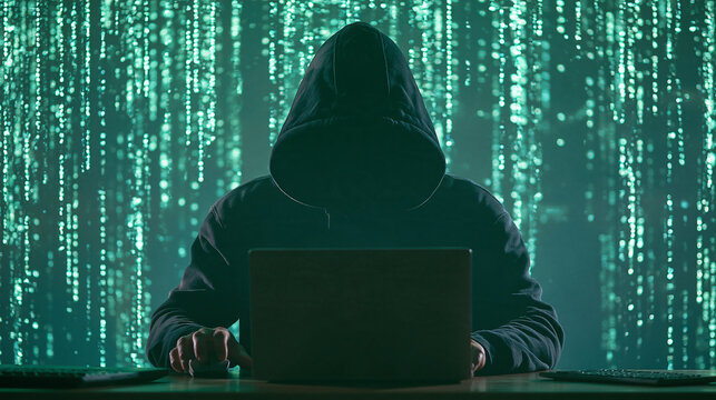 Anonymous Hacker in Hooded Sweatshirt Typing on Laptop with Digital Matrix Background - Cybercrime Concept