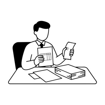 Business Executive Reviewing Paperwork and Financial Reports at Desk for Audit and Accounting Flat Line Art Icon Graphic Design