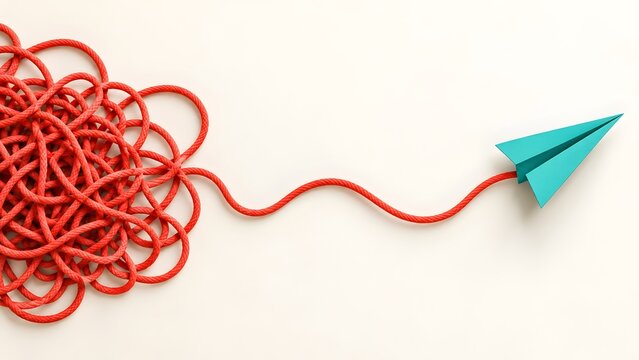 Conceptual image of a blue paper plane flying out of a complex red tangled rope mess on a white background, symbolizing simplification, problem solving, creative direction, and innovation.