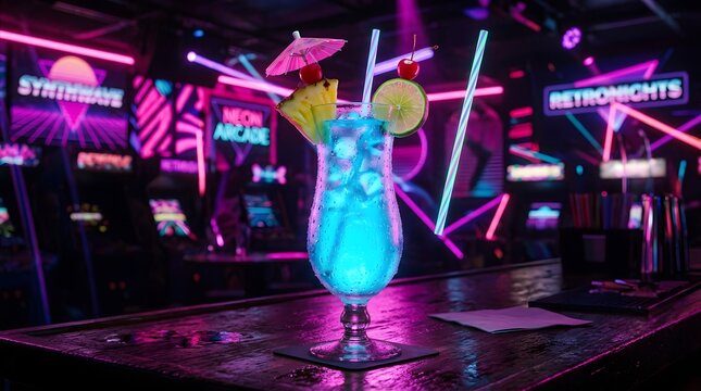 Vibrant glowing blue cocktail garnished with pineapple slice cherry and lime on dark wooden bar counter inside neon arcade club