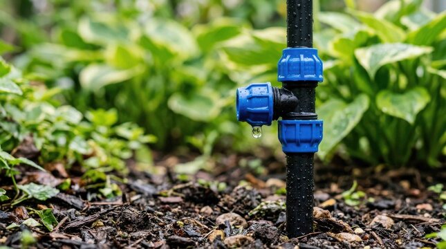 Drip irrigation system pipe with blue connector in garden