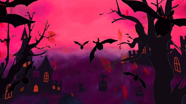 Spooky Halloween animation with flying bats, haunted houses and twisted trees against a vivid pink and purple sky. Atmospheric fantasy background for seasonal videos, horror projects and creative medi