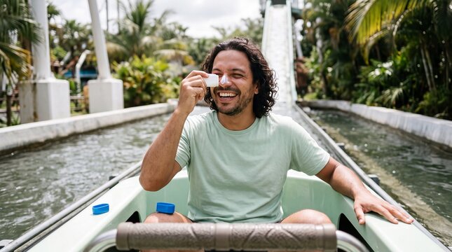 Man applying sunscreen on his nose in a log flume boat
