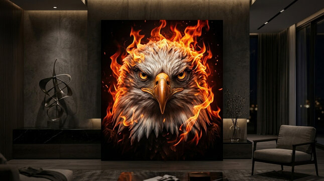 Majestic eagle head with fire flames wall art in modern luxury room