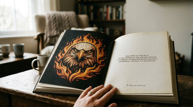 Open book with eagle illustration on a rustic wooden table