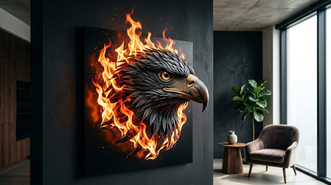 Fiery eagle head 3d wall art decorates a dark modern living room