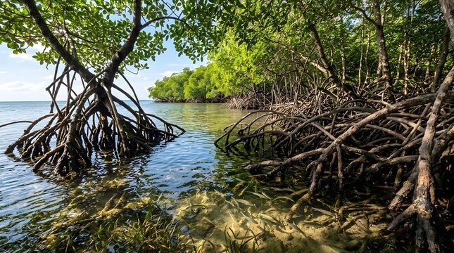 Mangrove Roots Overhanging Clear Water in a Coastal Wetland