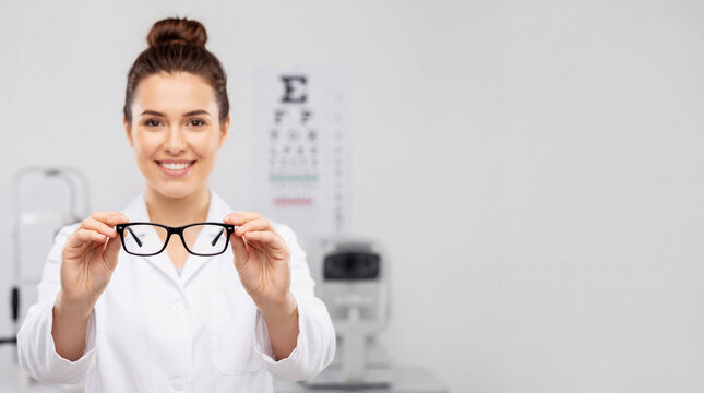 Smiling woman holding eyeglasses in front of eye chart and medical equipment in bright optometry clinic interior