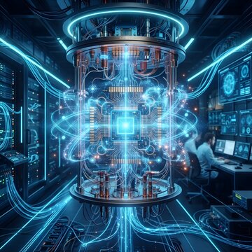 Futuristic quantum computing laboratory with a glowing quantum computer core, blue neon circuitry, holographic interfaces, advanced technology, and scientists working in the background.