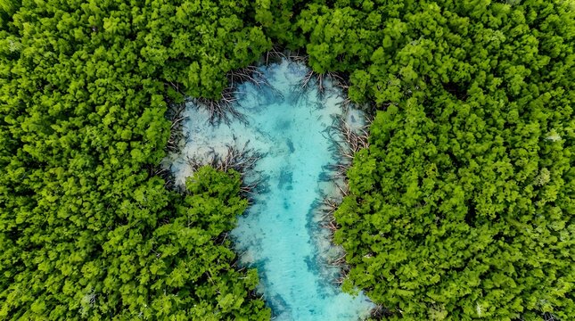 Serene Aerial View of Clear Blue River Winding Through Dense Green Forests