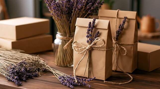 Craft paper gift bags with lavender flowers on wooden table