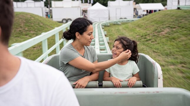 Mother tucking hair behind daughter's ear on a roller coaster