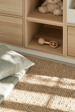 Japandi childrens room with woven rug, wooden toy and plush bear on shelving