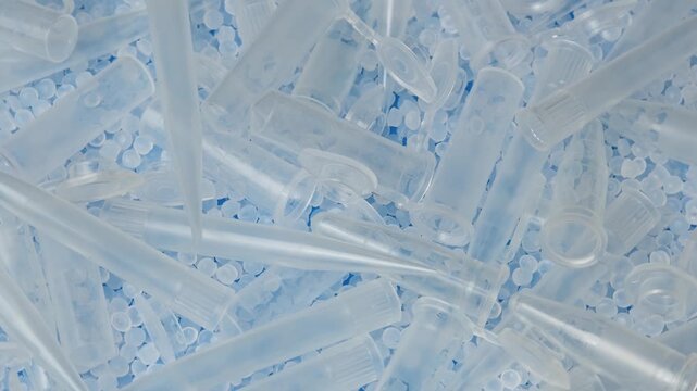 Clear centrifuge tubes and polymer pellets rotate together in close view for medical manufacturing.
