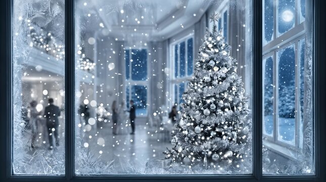 Festive Winter Scene with Snow-covered Christmas Tree in a Cozy Room