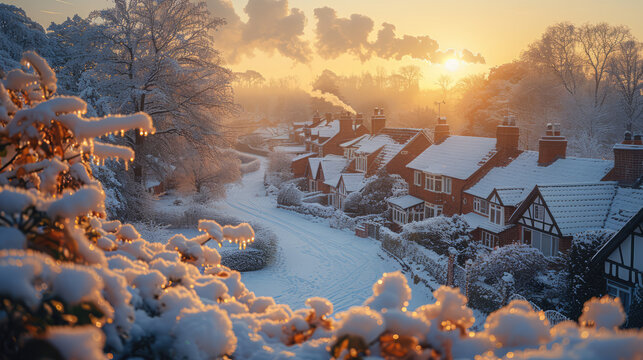 Morning Serenity: Picturesque Village Sunrise in Snow