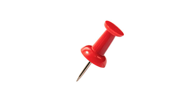 White plastic office push pin red sharp metallic thumbtack isolated on transparent background