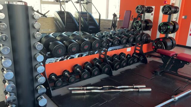 Dumbbells, weight plates and barbells surround a red bench in a gym, strength equipment, fitness facilities, workout preparation.