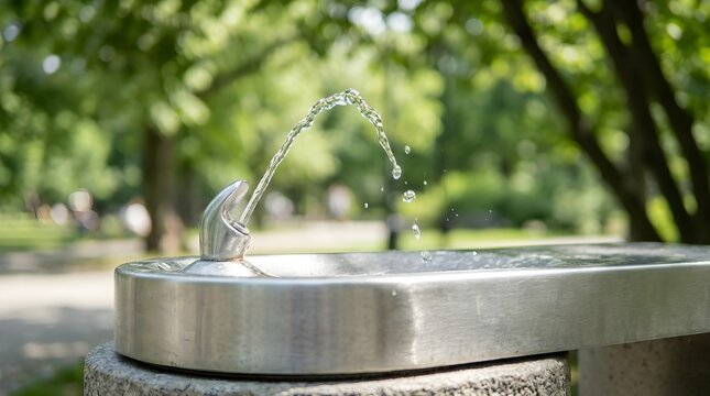 Modern Drinking Fountain in City Park with Running Water