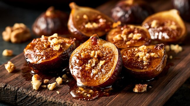 Baked figs with honey and walnuts on wooden board