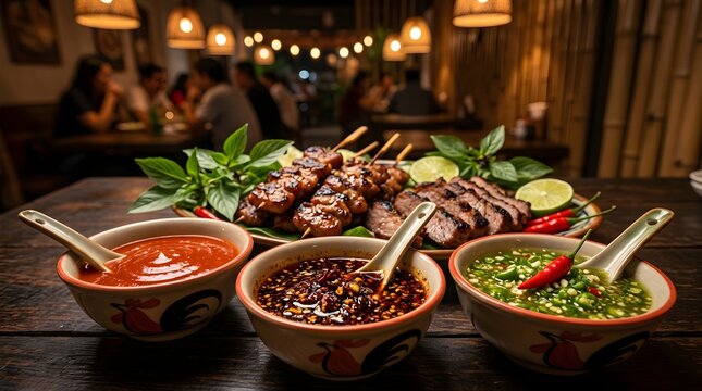 Authentic Restaurant Meal with Spicy Sauces and Fresh Garnishes