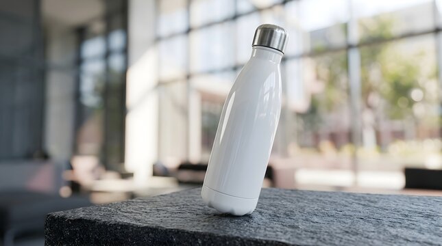 Sleek White Water Bottle Standing on a Dark Surface in Indoor Setting