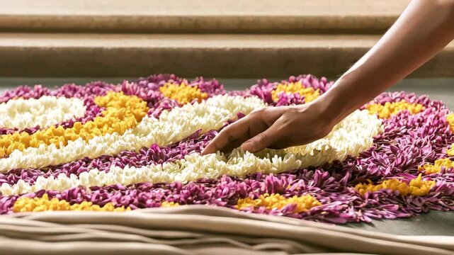 Peacock Floral Rangoli with Chrysanthemum Petals for Diwali, Hand Resting on Cloth, Indian Festival Art