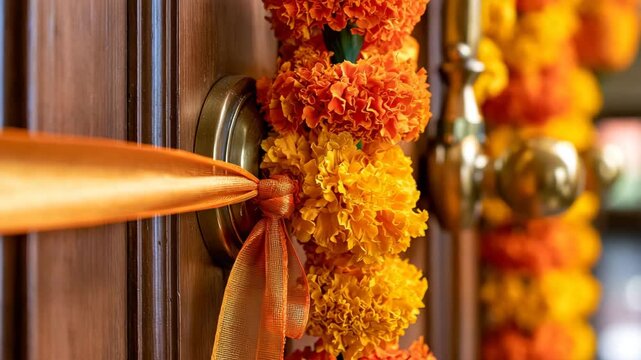 Marigold Garland on Wooden Door Frame for Diwali, Saffron Ribbon and Brass Handle Macro Close-Up